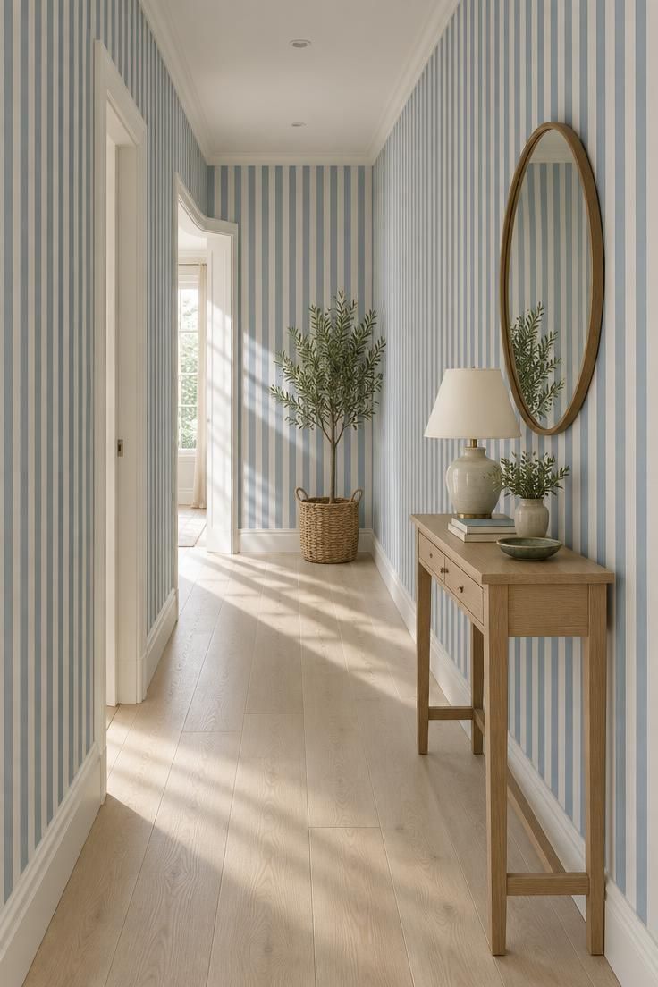 13 Brilliant Blue Hallway Ideas to Warm Your Entry 6 Narrow hallway papered in a fine vertical blue-and-off-white stripe, with a slim oak console, table lamp, round mirror, pale floor, and soft daylight from one doorway.