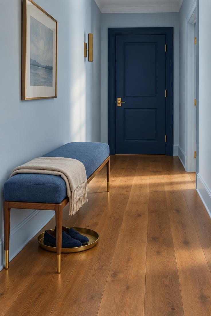 13 Brilliant Blue Hallway Ideas to Warm Your Entry 7 Hallway with pale blue walls, a mid-blue upholstered bench, a deep navy interior door at the far end, warm wood flooring, and brass accents throughout.