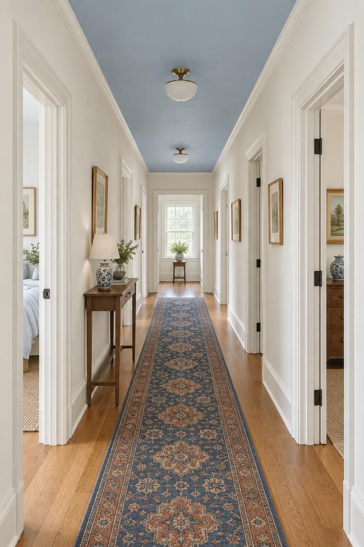 13 Brilliant Blue Hallway Ideas to Warm Your Entry 8 Hallway with a pale blue painted ceiling, off-white walls, warm wood flooring, and a long vintage-patterned runner in muted indigo and rust running the corridor's length.