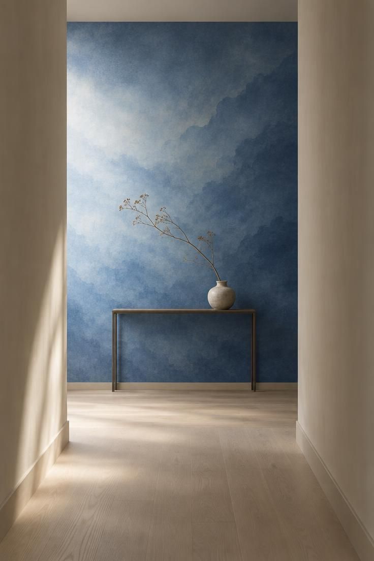 13 Brilliant Blue Hallway Ideas to Warm Your Entry 9 Corridor with plain warm-neutral walls and a full-height blue tonal mural on the far end wall, a slim console beneath with a single ceramic vessel, and pale flooring.