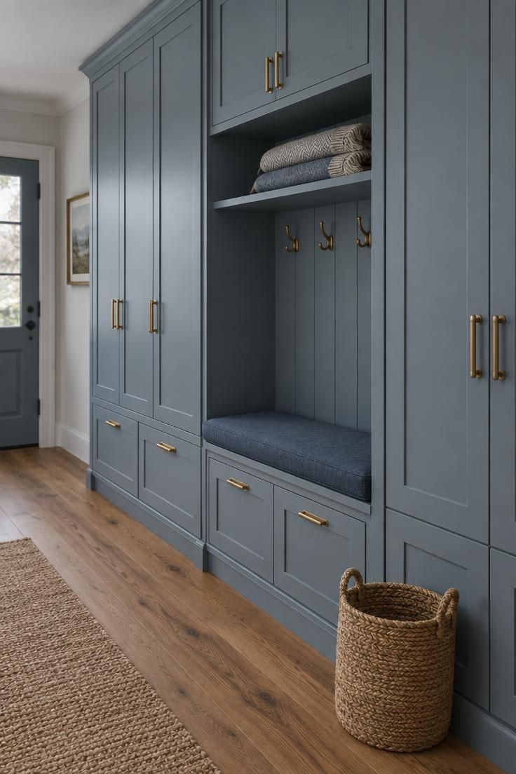 13 Brilliant Blue Hallway Ideas to Warm Your Entry 10 Entry hallway with a run of blue-gray painted closed cabinets, an open bench nook with a blue cushion, brass pulls, warm wood flooring, and a jute basket on the floor.