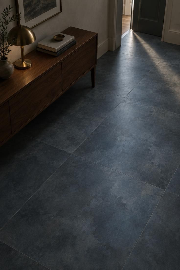 13 Brilliant Blue Hallway Ideas to Warm Your Entry 11 Hallway with large-format blue cement-look tile flooring in subtle tonal variation, a warm walnut console against a pale wall, and a brass table lamp in low natural light.