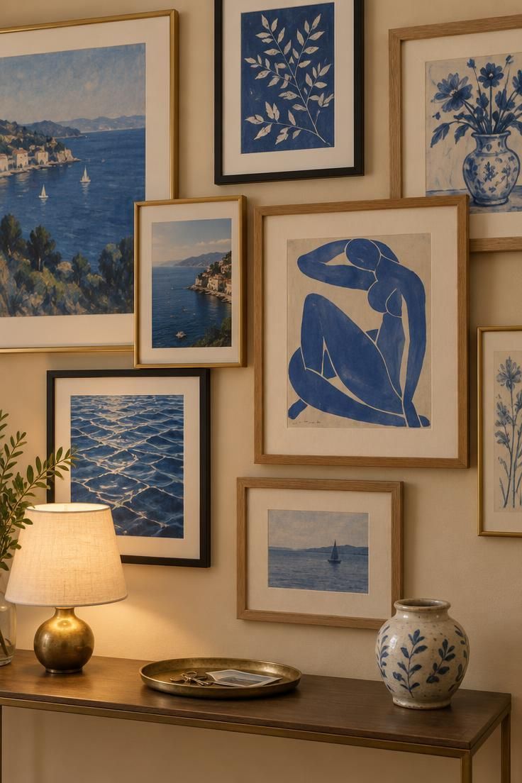13 Brilliant Blue Hallway Ideas to Warm Your Entry 12 Hallway wall with a loose arrangement of mixed-frame prints, most with blue-dominant imagery, above a slim console with a lamp and a small tray.