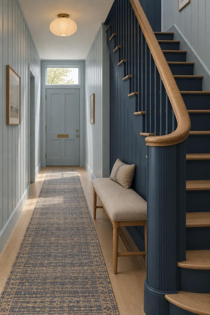 13 Brilliant Blue Hallway Ideas to Warm Your Entry 13 A pale blue paneled hallway meeting deep navy walls at a turned staircase return, with an oak handrail, oat linen bench, and soft paper-shade light.