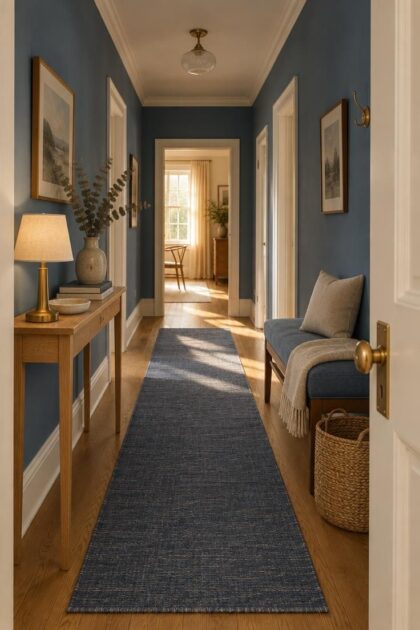 13 Brilliant Blue Hallway Ideas to Warm Your Entry Cozy blue hallway with denim matte walls, warm off-white trim, a flatweave indigo runner on oak flooring, a slim oak console with brass lamp, a mid-blue bench with throws, and late-afternoon light spilling from a far doorway.