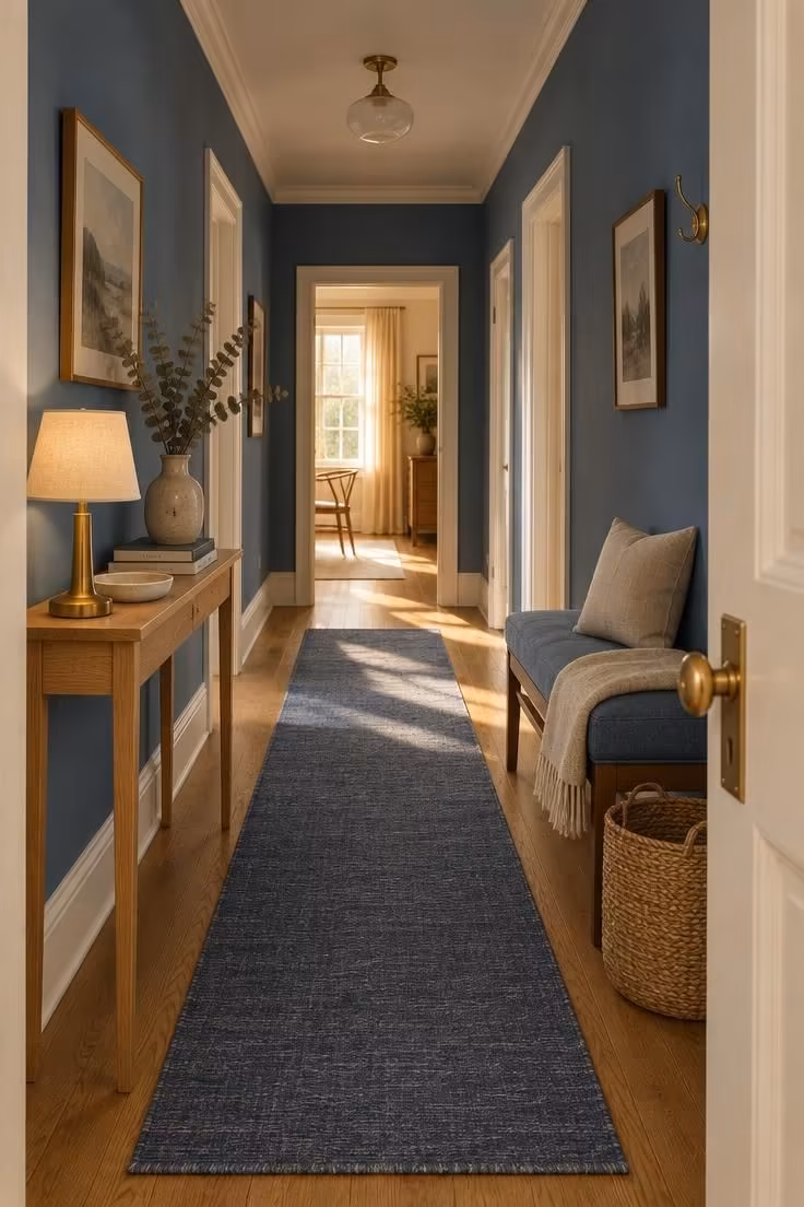 Simple Spaces 14 Cozy blue hallway with denim matte walls, warm off-white trim, a flatweave indigo runner on oak flooring, a slim oak console with brass lamp, a mid-blue bench with throws, and late-afternoon light spilling from a far doorway.