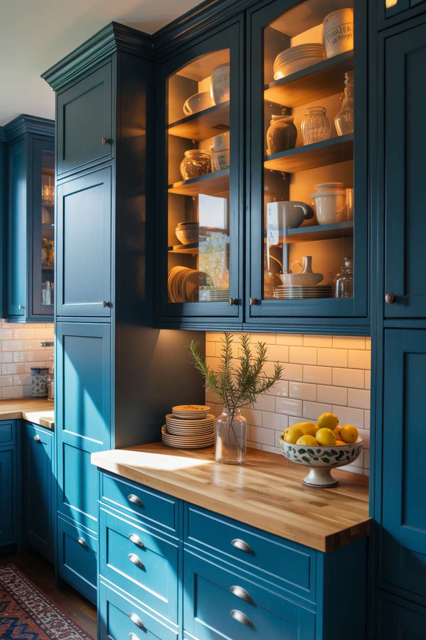 27 Stunning Blue Kitchen Ideas for a Stylish Cooking Space 1 Stylish kitchen with deep teal cabinets, wooden butcher block countertops, and vintage ceramic dishes