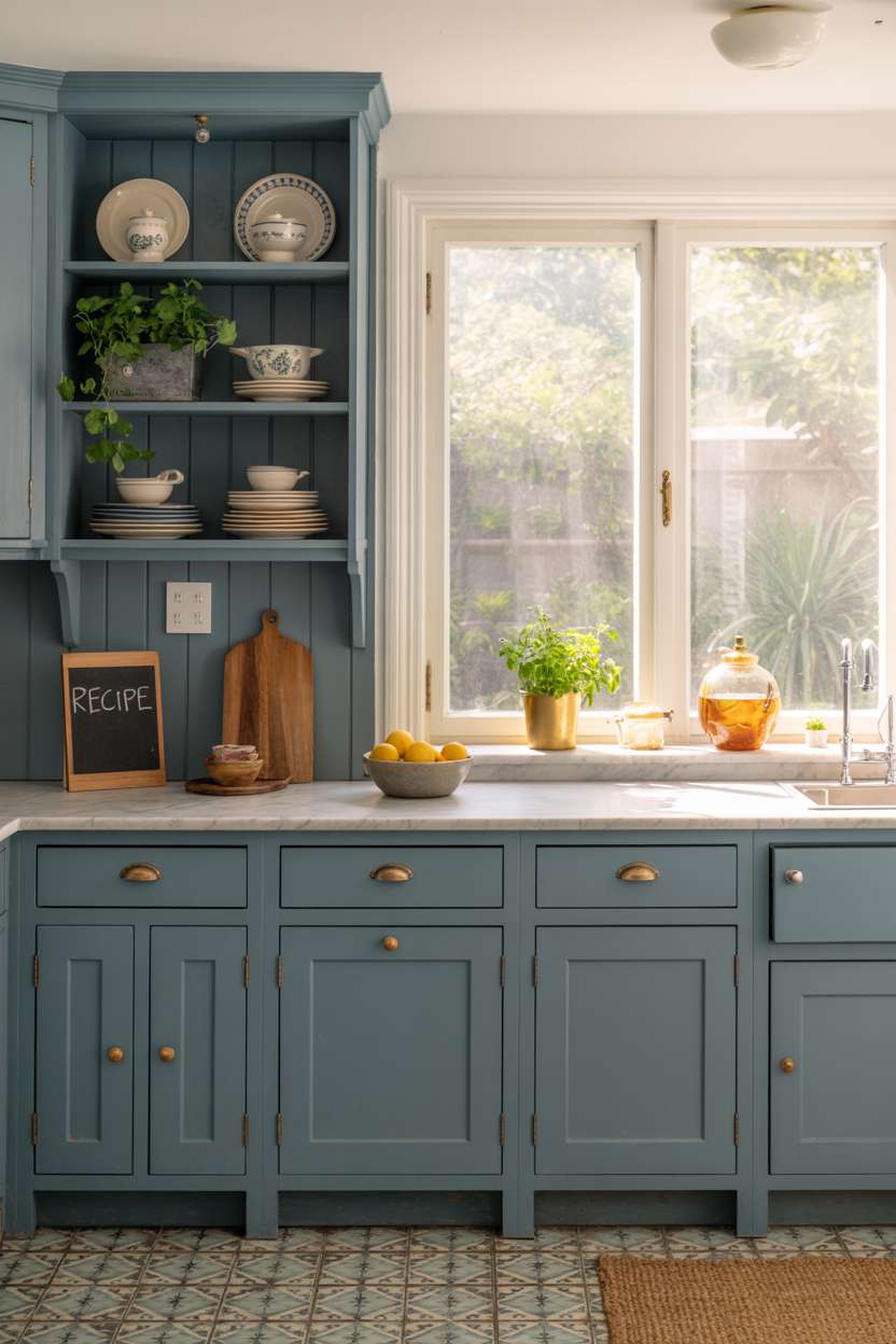 27 Stunning Blue Kitchen Ideas for a Stylish Cooking Space 2 Cozy kitchen featuring muted teal shaker cabinets with brass hardware and marble countertops
