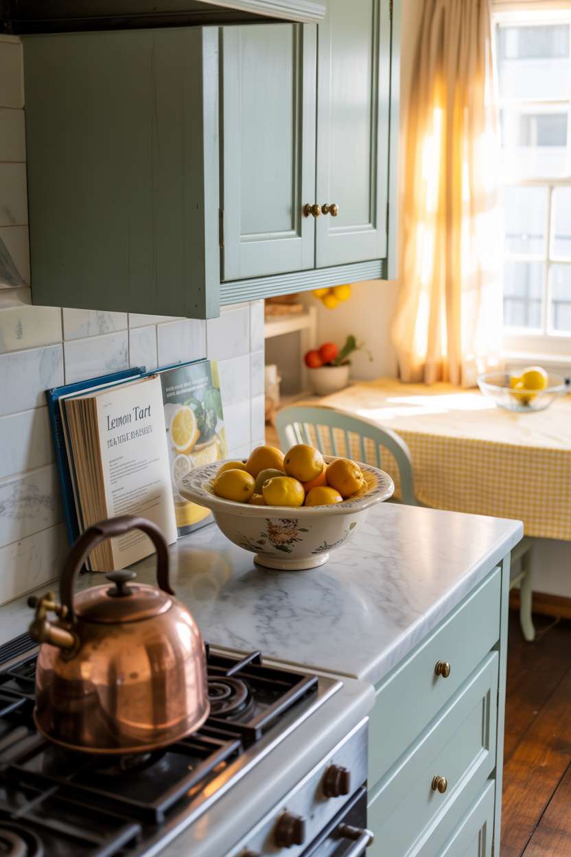 27 Stunning Blue Kitchen Ideas for a Stylish Cooking Space 3 Cozy kitchen with light blue cabinetry, marble countertops, and vintage copper kettle