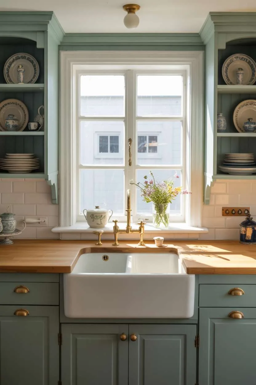 Kitchen featuring white farmhouse sink with light blue shaker cabinets and gold hardware