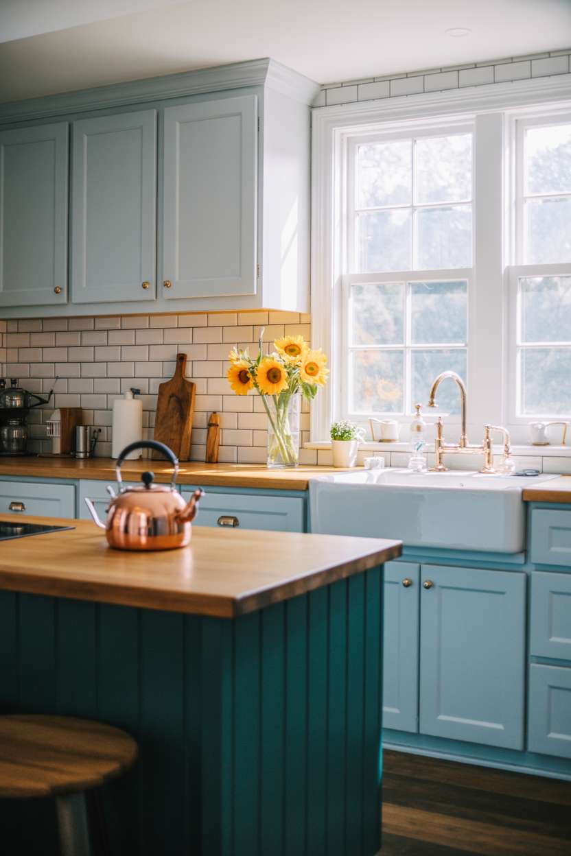 27 Stunning Blue Kitchen Ideas for a Stylish Cooking Space 5 Kitchen with dark teal island countertop, light blue cabinets, and gold hardware accents