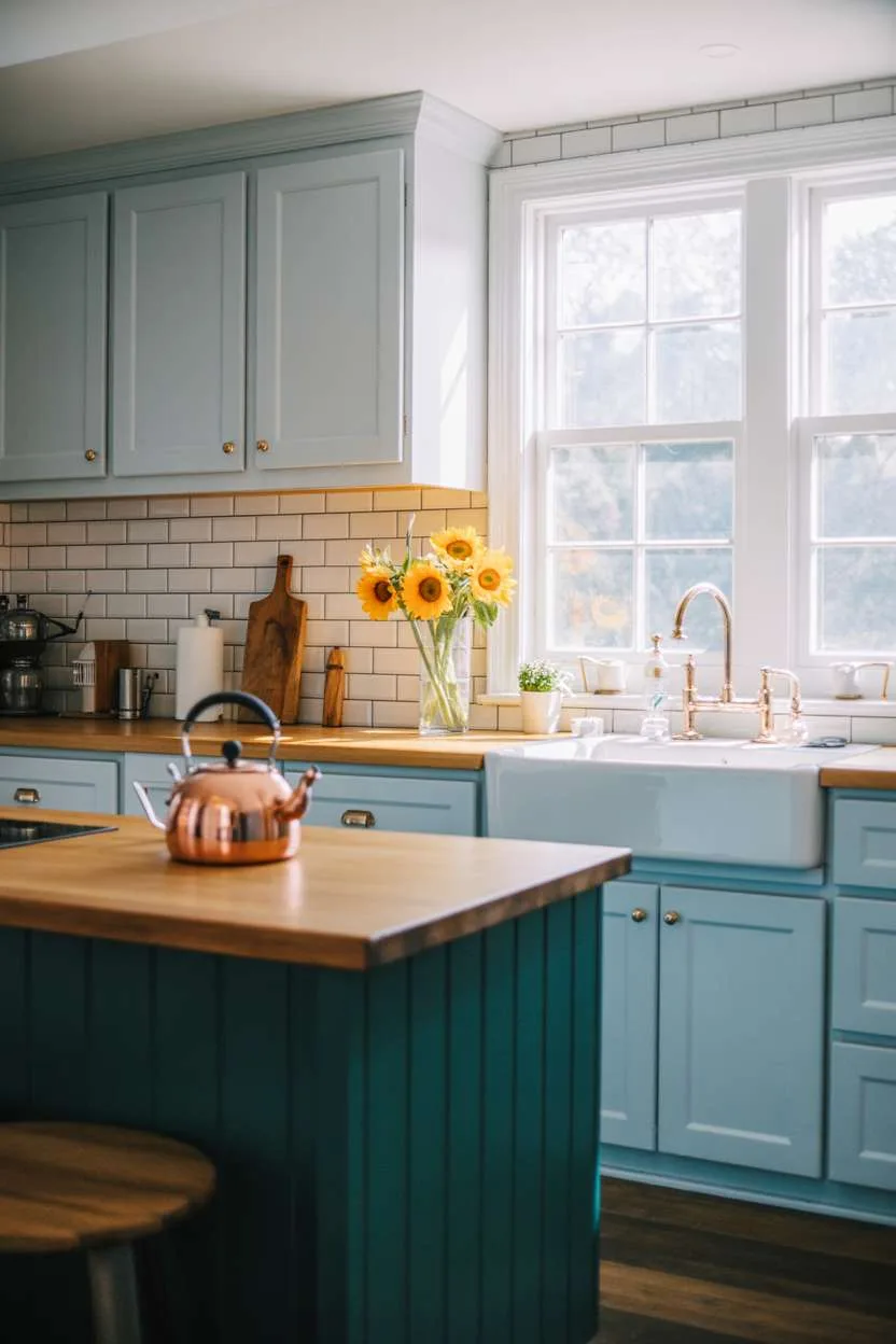 Kitchen with dark teal island countertop, light blue cabinets, and gold hardware accents