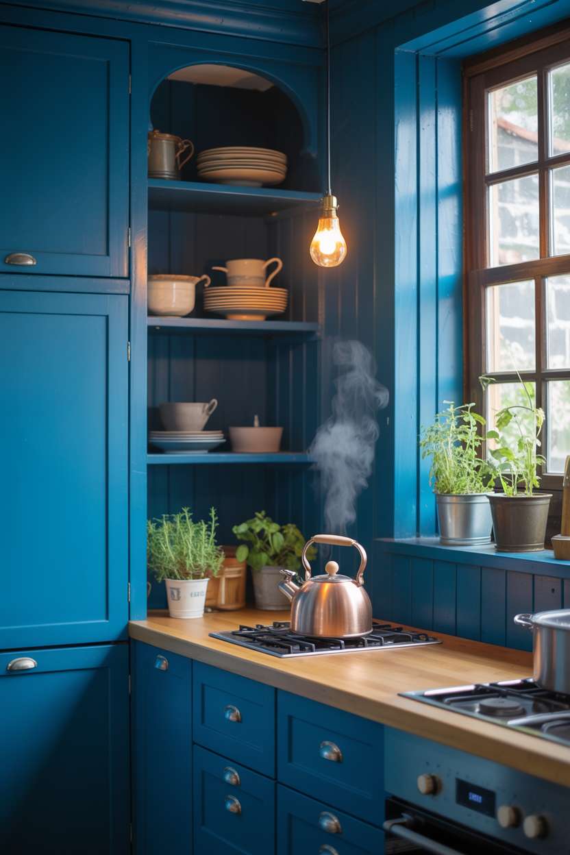 27 Stunning Blue Kitchen Ideas for a Stylish Cooking Space 6 Kitchen with vibrant cerulean blue cabinets, silver hardware, and pendant lighting