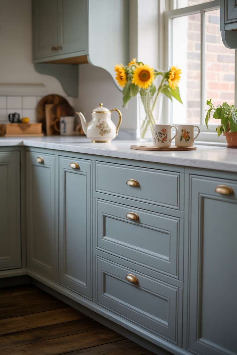 27 Stunning Blue Kitchen Ideas for a Stylish Cooking Space 7 Kitchen with pale blue shaker cabinets, brass hardware, and sunflower arrangement
