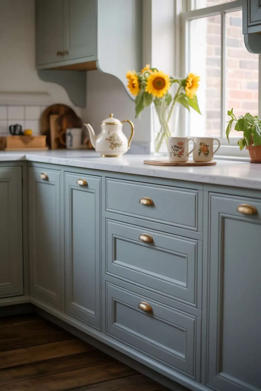 Kitchen with pale blue shaker cabinets, brass hardware, and sunflower arrangement
