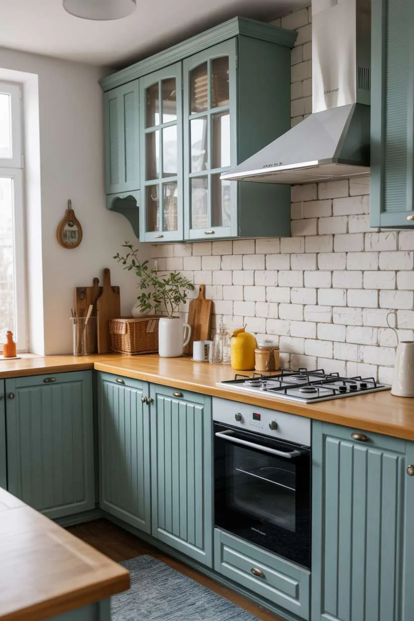 Modern farmhouse kitchen with sage green cabinets, wood countertops, and white brick walls