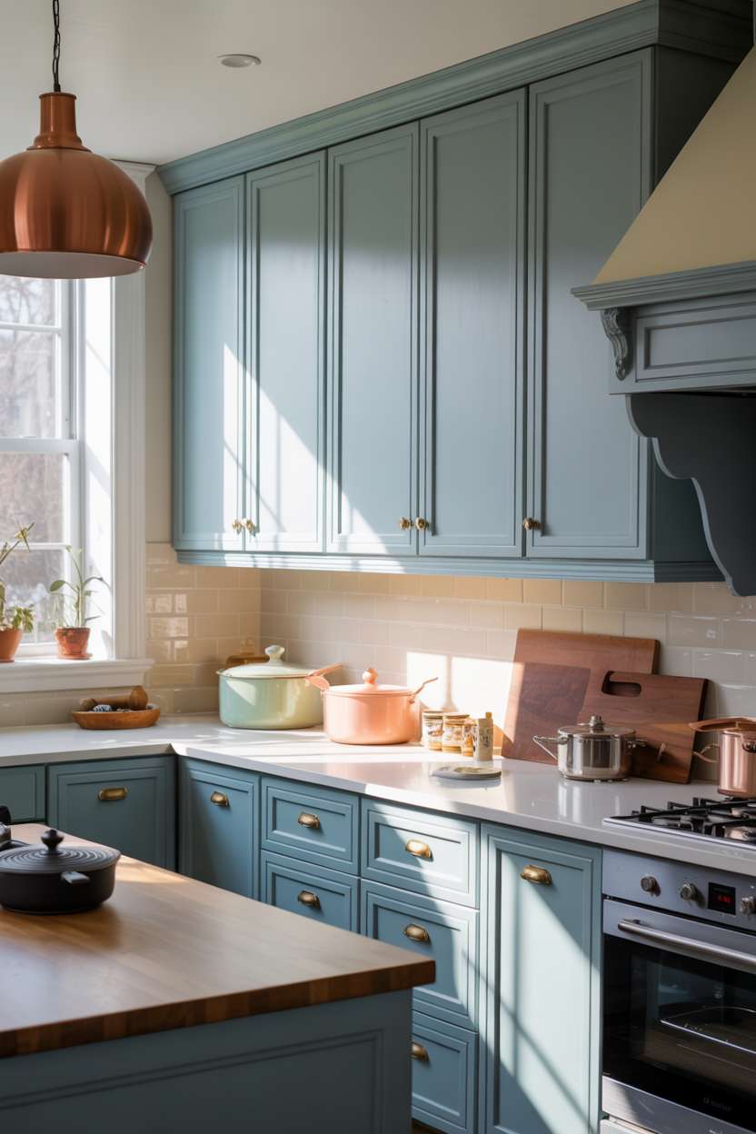 27 Stunning Blue Kitchen Ideas for a Stylish Cooking Space 9 Kitchen with light blue shaker cabinets, white quartz countertops, and copper pendant light