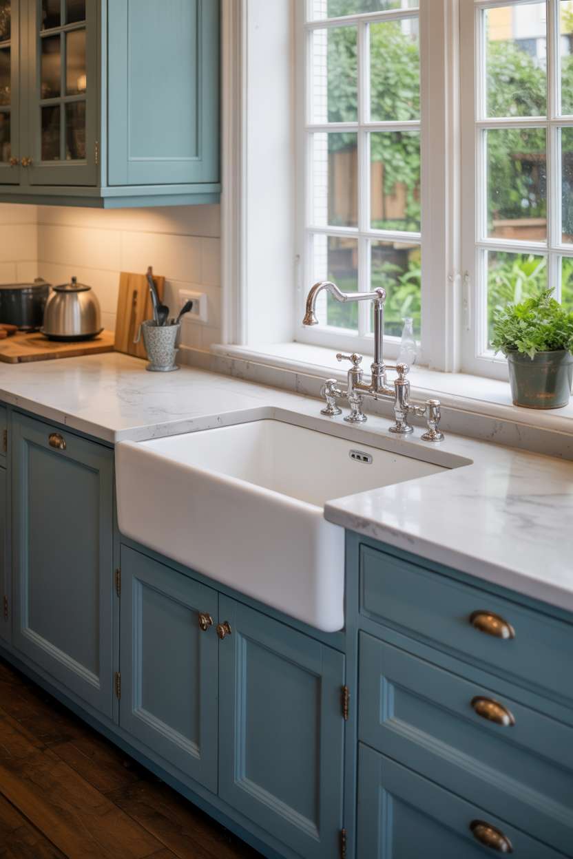 27 Stunning Blue Kitchen Ideas for a Stylish Cooking Space 10 Kitchen with blue cabinets, white farmhouse sink, and window overlooking lush garden