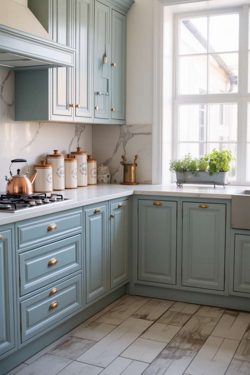 27 Stunning Blue Kitchen Ideas for a Stylish Cooking Space 11 Bright kitchen with light blue cabinets, marble backsplash, and copper kettle