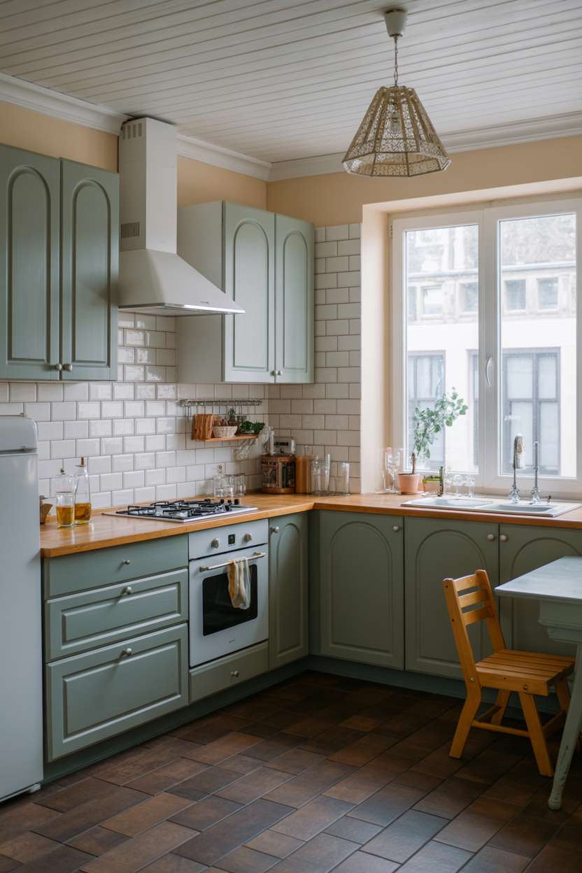 27 Stunning Blue Kitchen Ideas for a Stylish Cooking Space 12 Modern kitchen with sage green cabinets, wooden countertops, and diagonal tile flooring