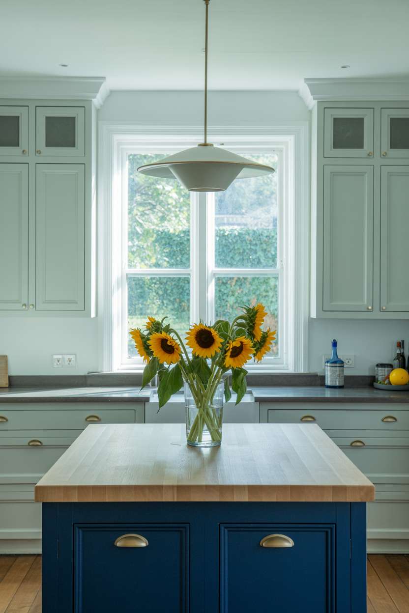27 Stunning Blue Kitchen Ideas for a Stylish Cooking Space 13 Modern kitchen with navy blue island, gray cabinets, and sunflower centerpiece