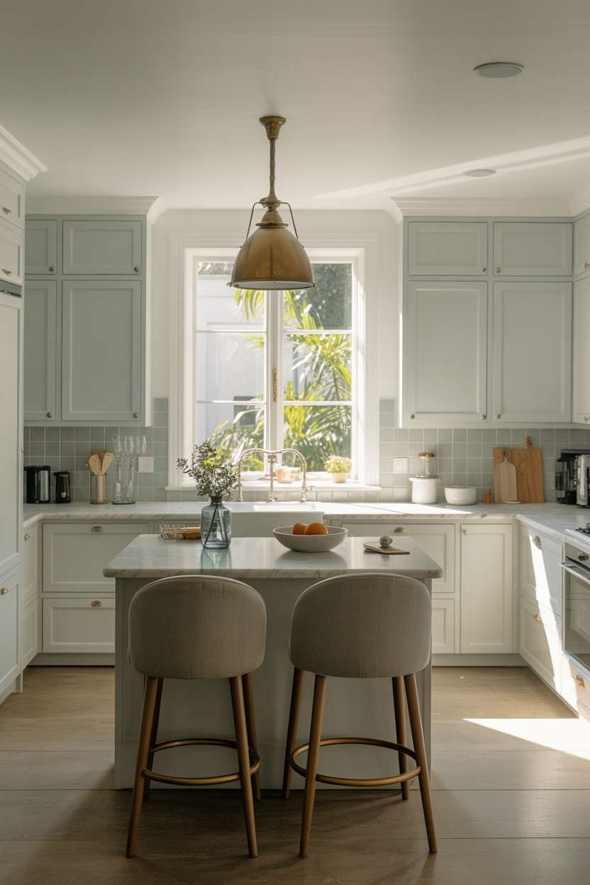 27 Stunning Blue Kitchen Ideas for a Stylish Cooking Space 14 Modern kitchen with pale blue cabinets, marble-topped island, and brass pendant lighting