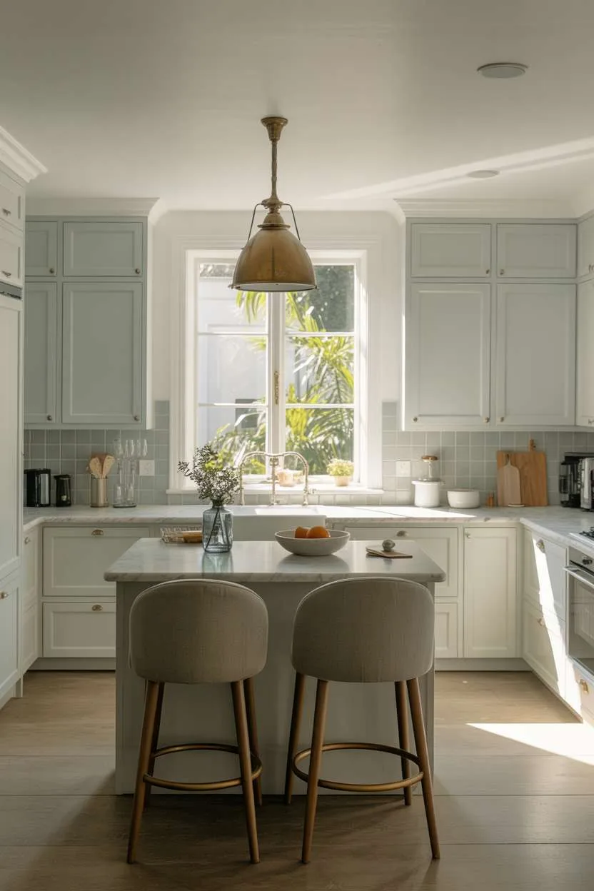 Modern kitchen with pale blue cabinets, marble-topped island, and brass pendant lighting