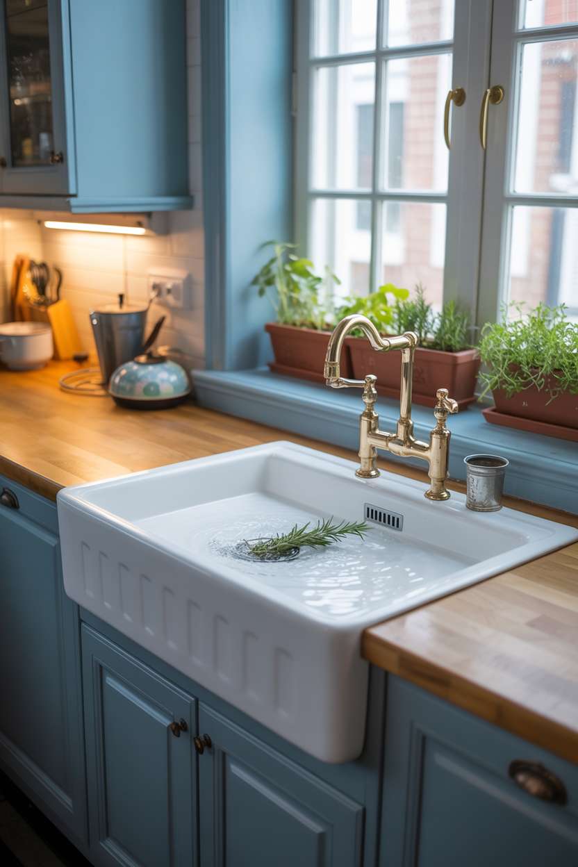 27 Stunning Blue Kitchen Ideas for a Stylish Cooking Space 15 Blue kitchen with white farmhouse sink, herb garden on windowsill, and brass faucet