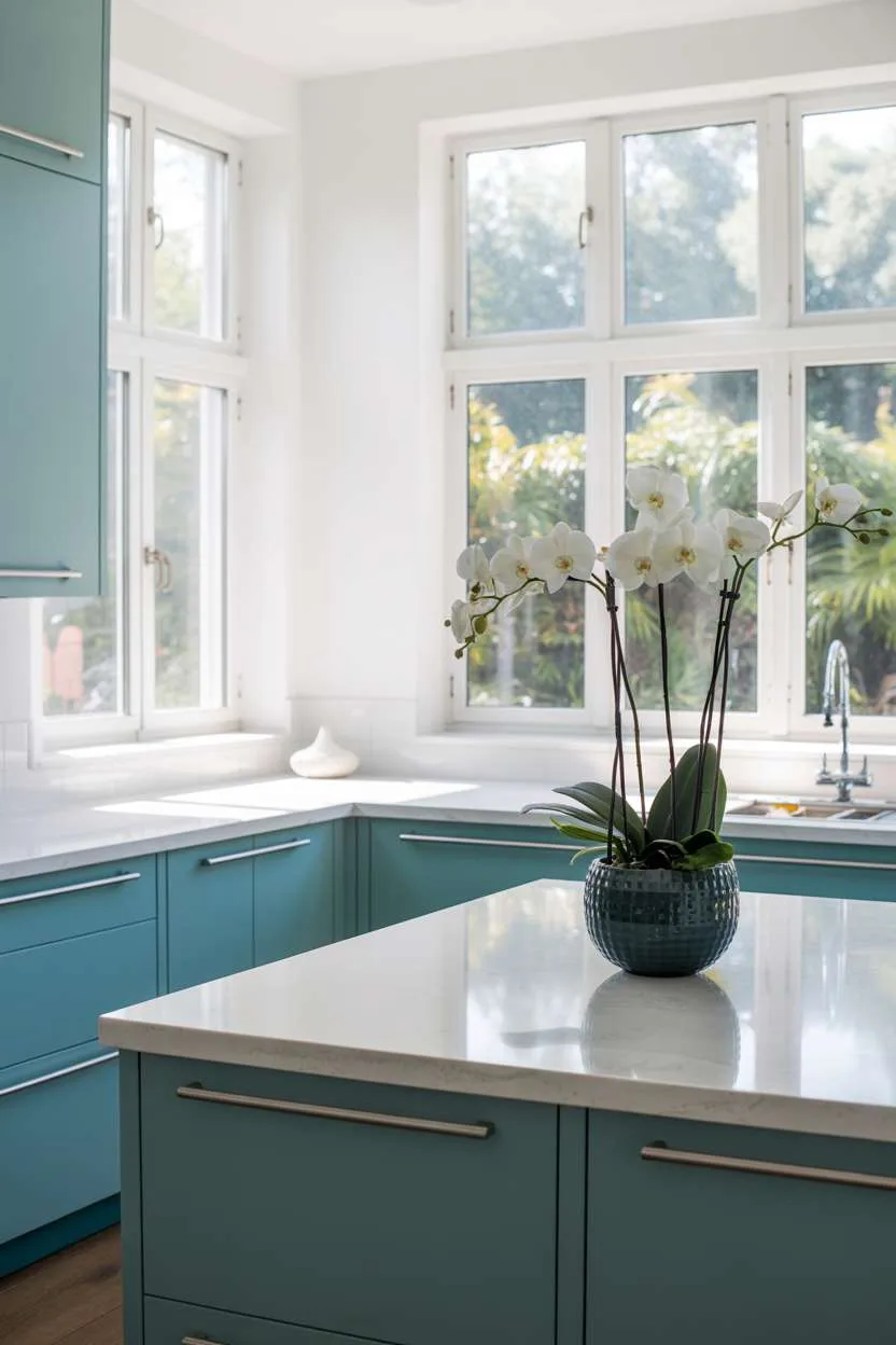 Modern kitchen with handleless azure blue cabinets, white quartz countertops, and orchid centerpiece