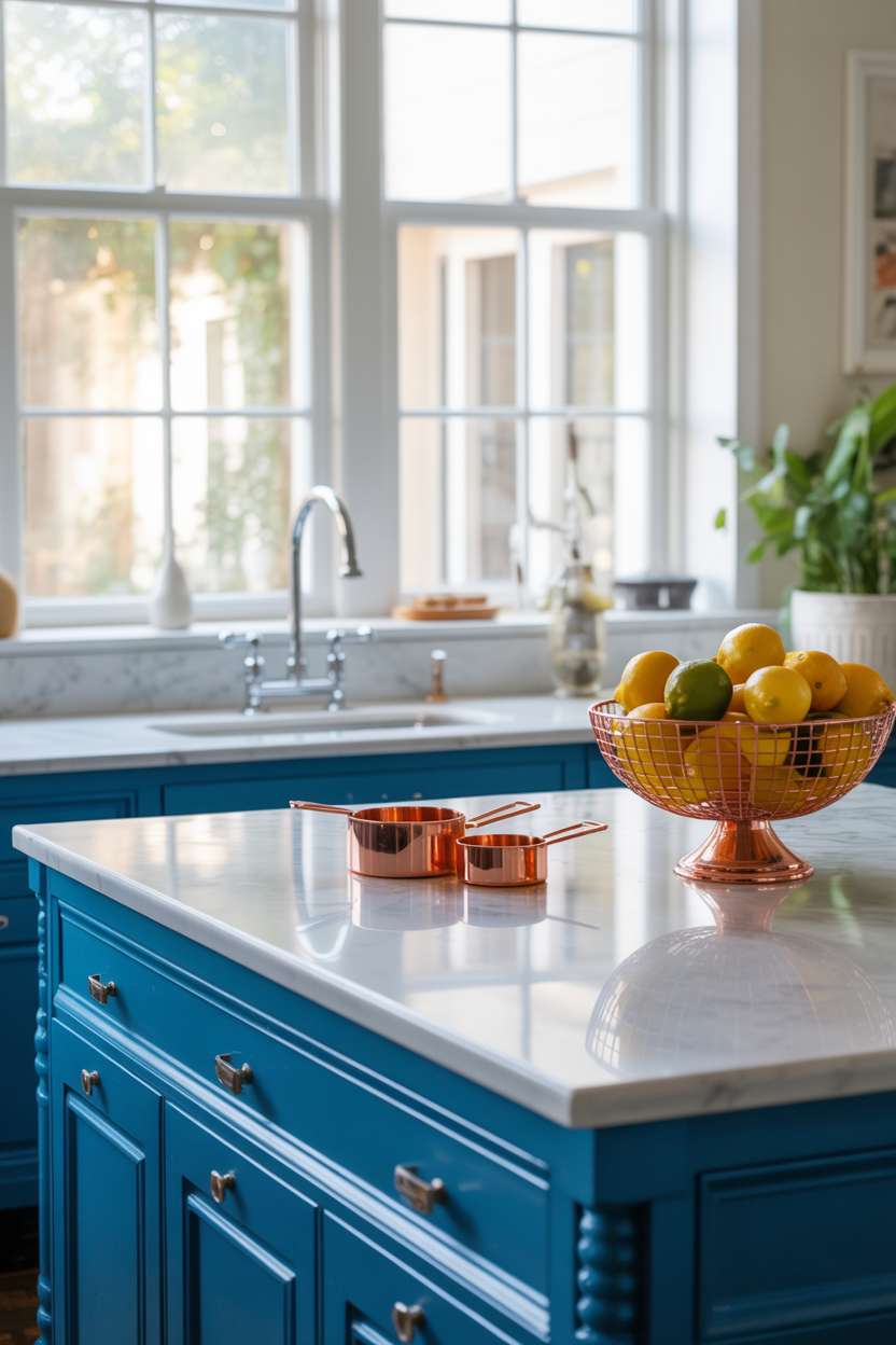 27 Stunning Blue Kitchen Ideas for a Stylish Cooking Space 17 Elegant kitchen with cerulean blue island, white marble countertop, and chrome fixtures