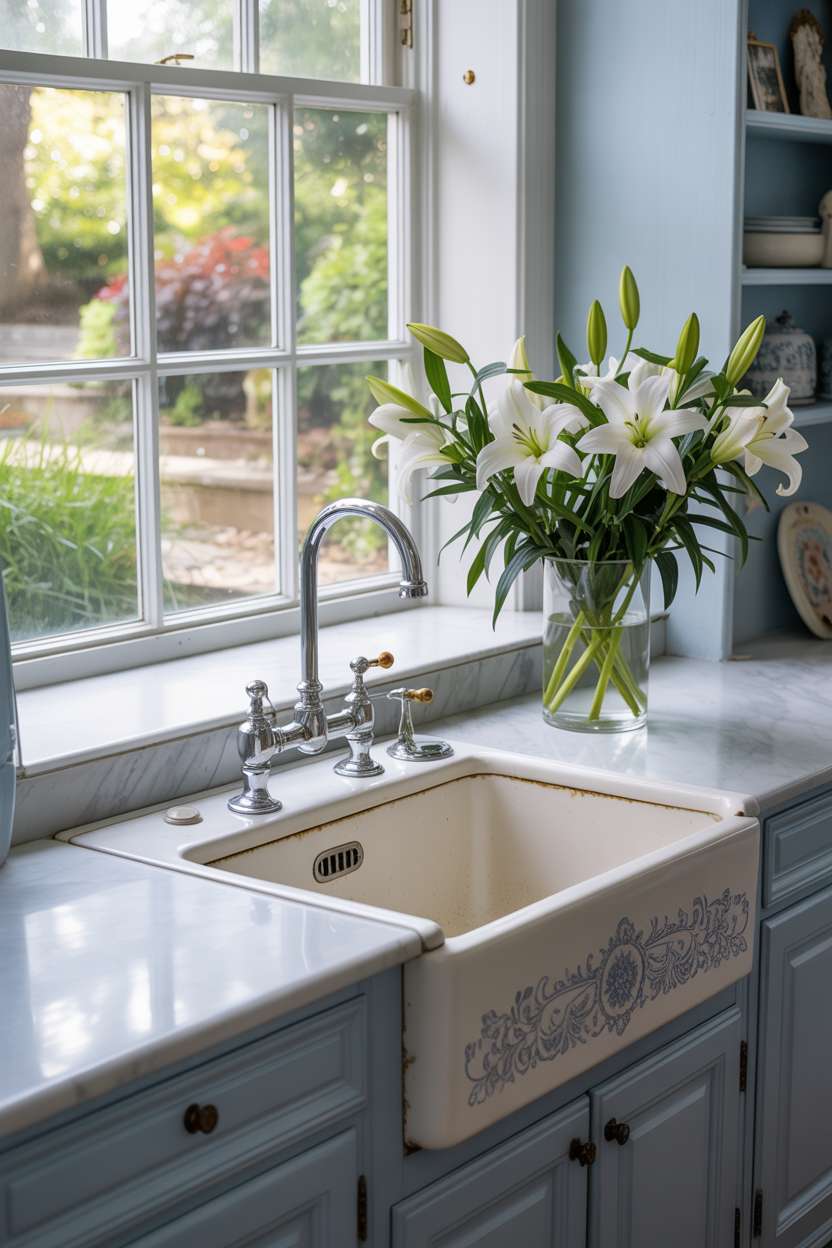 27 Stunning Blue Kitchen Ideas for a Stylish Cooking Space 18 Pristine baby blue kitchen with vintage porcelain sink and white lily arrangement