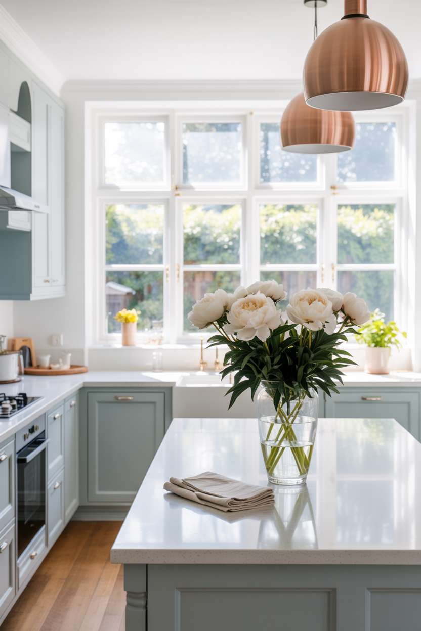 27 Stunning Blue Kitchen Ideas for a Stylish Cooking Space 19 Baby blue kitchen with handleless cabinets, white quartz countertops, and peony centerpiece