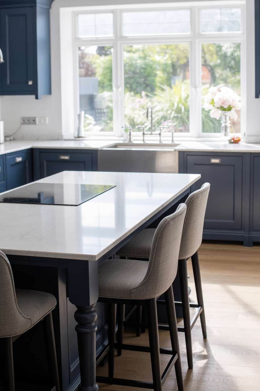 27 Stunning Blue Kitchen Ideas for a Stylish Cooking Space 20 Modern navy blue kitchen with central island, white quartz countertops, and gray bar stools