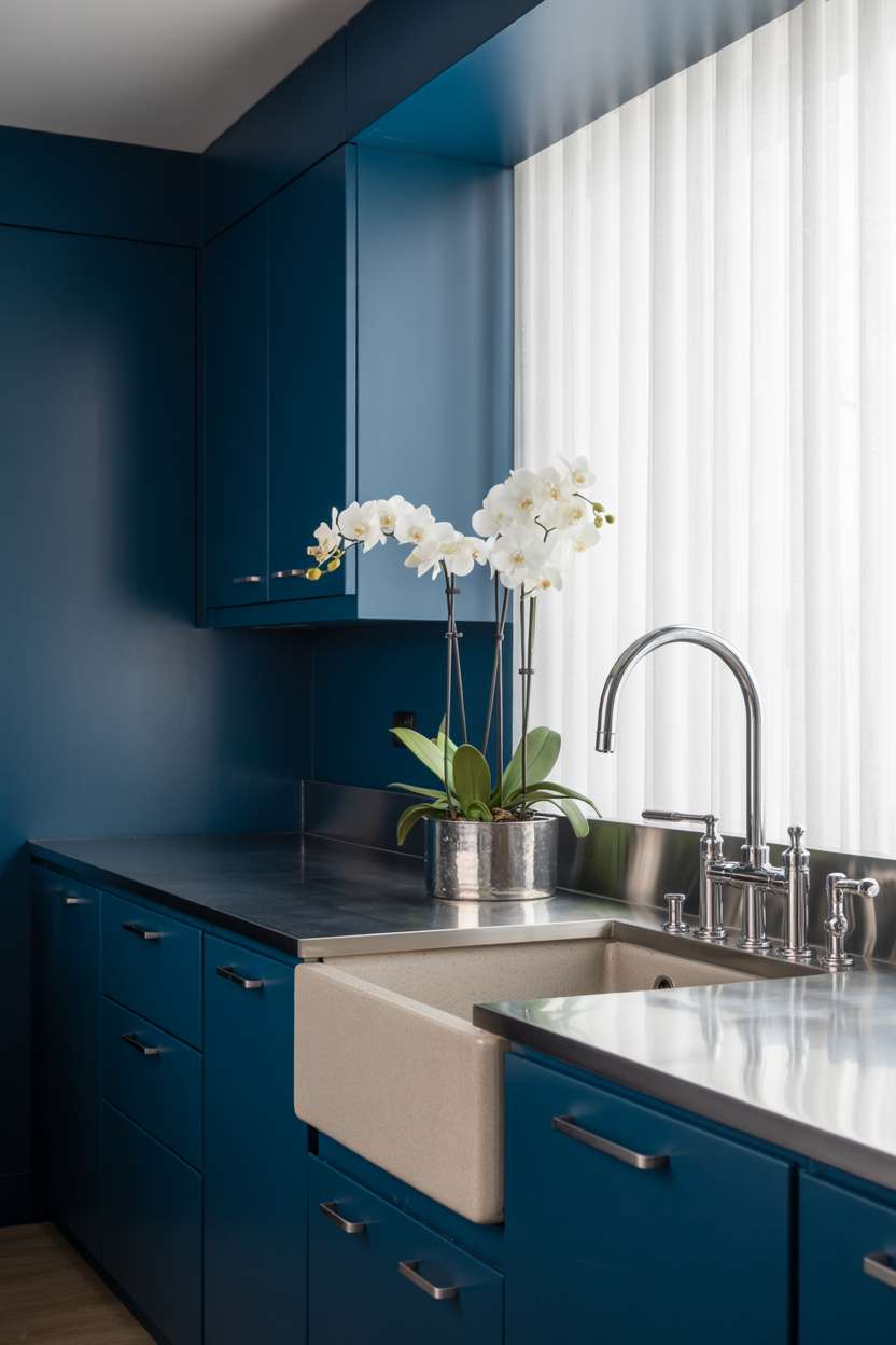 27 Stunning Blue Kitchen Ideas for a Stylish Cooking Space 21 Pristine navy blue kitchen with stainless steel countertops and white orchid centerpiece