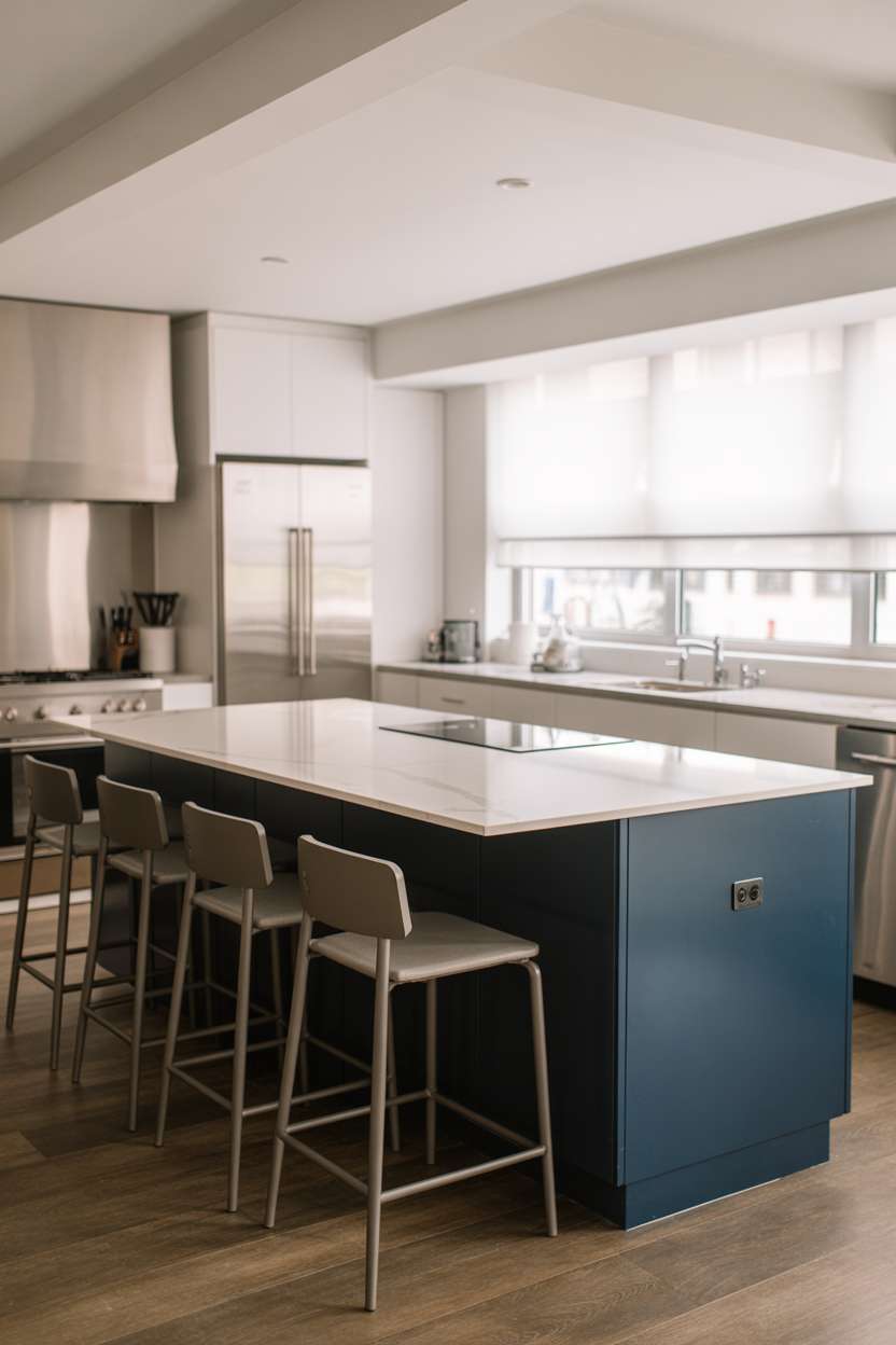 27 Stunning Blue Kitchen Ideas for a Stylish Cooking Space 22 Modern kitchen with navy blue island, white quartz countertops, and brushed nickel bar stools
