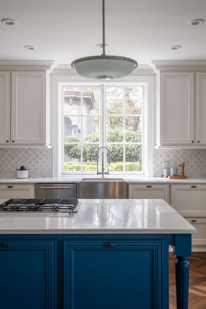 27 Stunning Blue Kitchen Ideas for a Stylish Cooking Space 23 Elegant kitchen with white cabinets, sapphire blue island, and blue mosaic tile backsplash