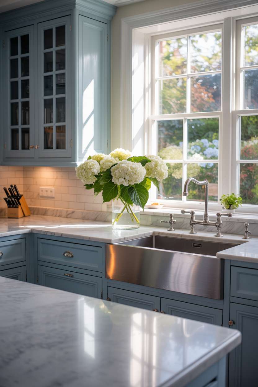 27 Stunning Blue Kitchen Ideas for a Stylish Cooking Space 24 Complete kitchen with soft blue cabinets, white marble countertops, and hydrangea centerpiece