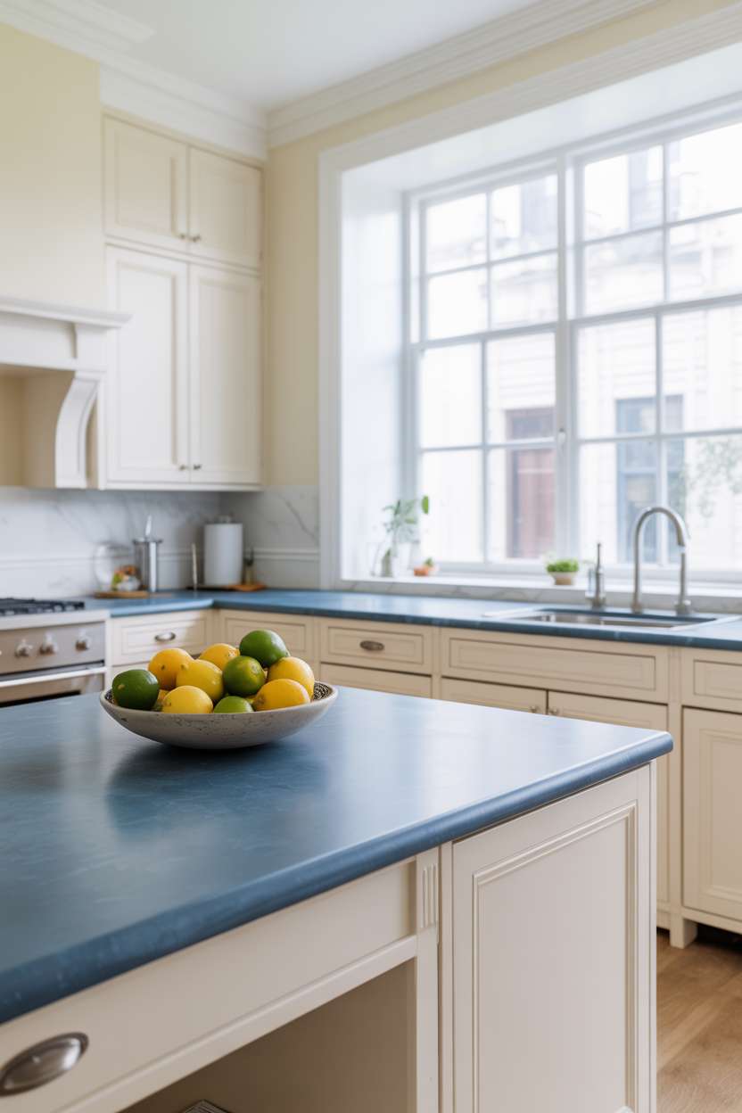 27 Stunning Blue Kitchen Ideas for a Stylish Cooking Space 25 Modern kitchen with white cabinets, blue stone island countertop, and citrus bowl