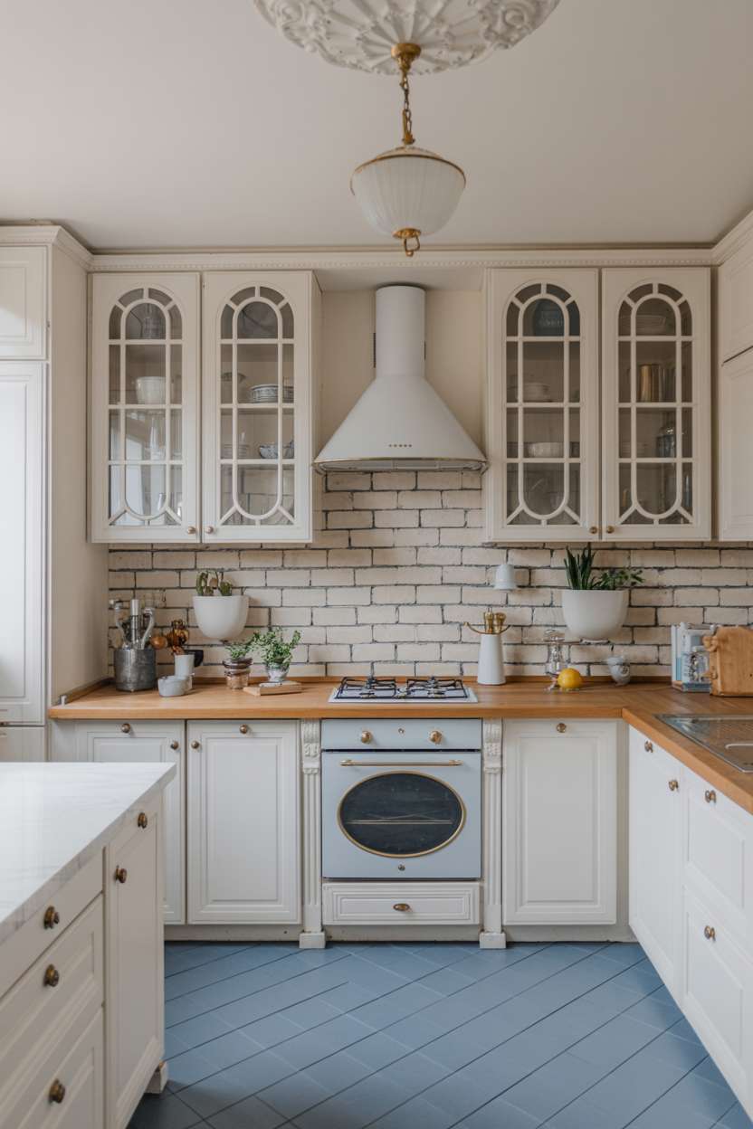 27 Stunning Blue Kitchen Ideas for a Stylish Cooking Space 26 Bright kitchen with white cabinets, decorative arched glass panels, and blue-gray flooring