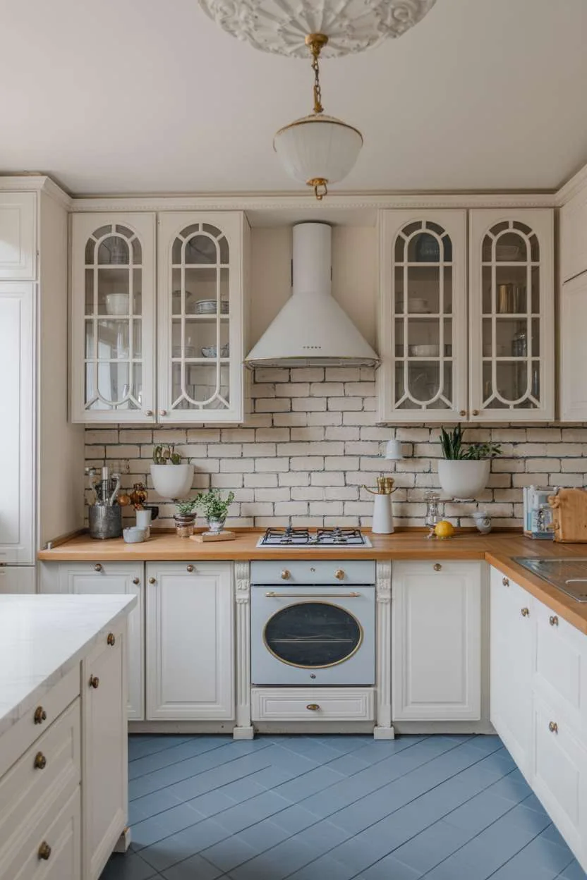 Bright kitchen with white cabinets, decorative arched glass panels, and blue-gray flooring