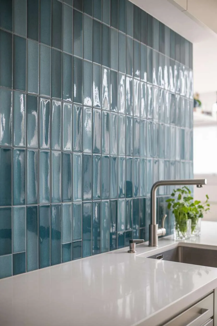 Modern kitchen with geometric blue ceramic tile backsplash, white quartz countertops, and chrome faucet