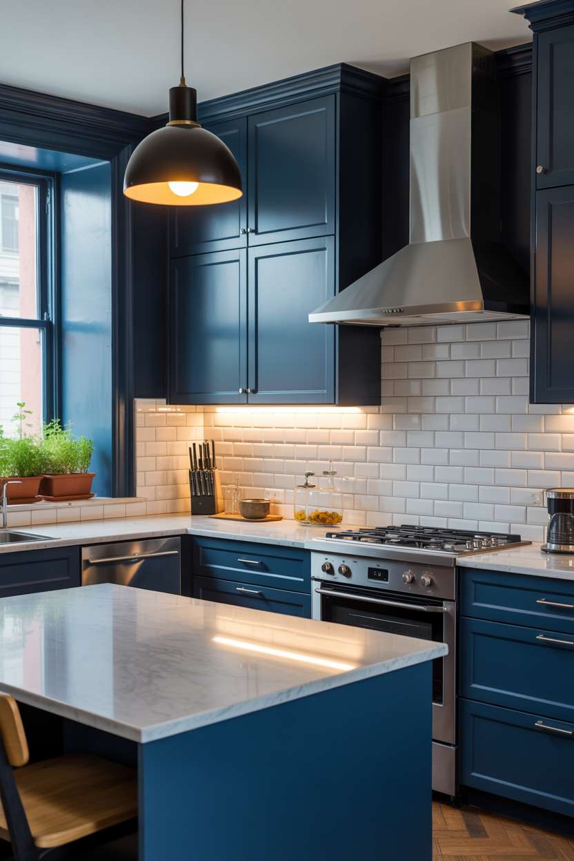 A blue kitchen design