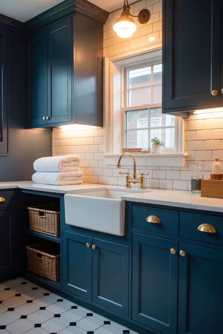 Navy blue shaker cabinets with brass hardware and white quartz countertop in a farmhouse laundry room