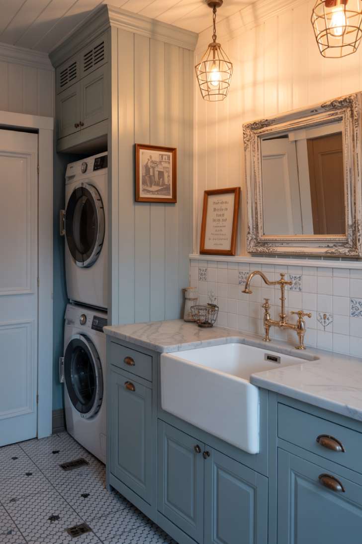French blue vintage laundry room with unlacquered brass hardware, marble countertop, and hand-painted ceramic tile backsplash