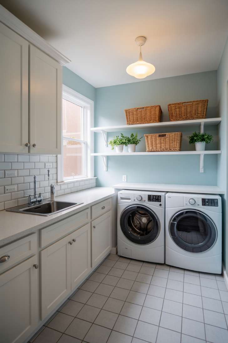 Soft powder blue laundry room walls with white cabinets, polished nickel hardware, and woven basket storage