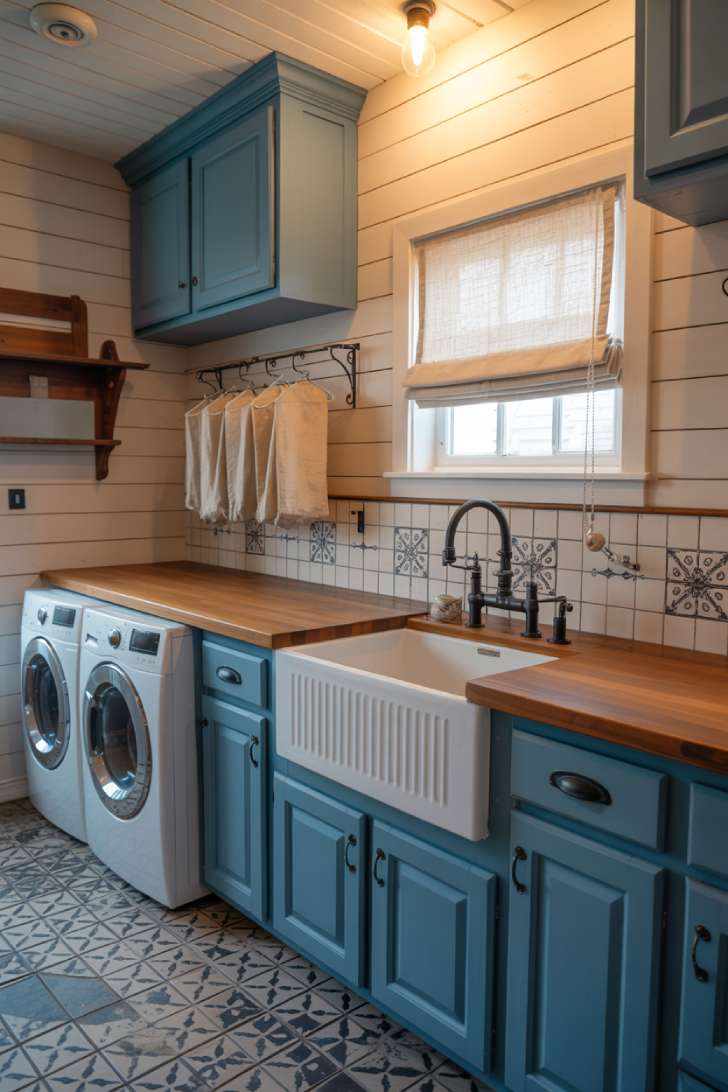Sky blue farmhouse laundry room with shiplap walls, butcher block countertop, and black iron hardware