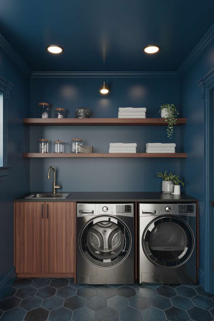 Moody navy blue laundry room with walnut floating shelves, brass fixtures, and dark slate tile floor