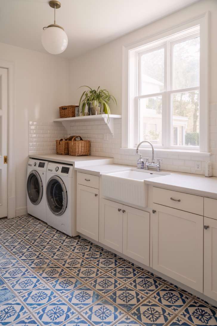 Blue and white patterned cement tile floor in a bright white laundry room with shaker cabinets