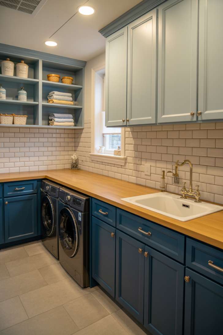 Two-tone navy and powder blue laundry room cabinets with light oak countertop and brass hardware