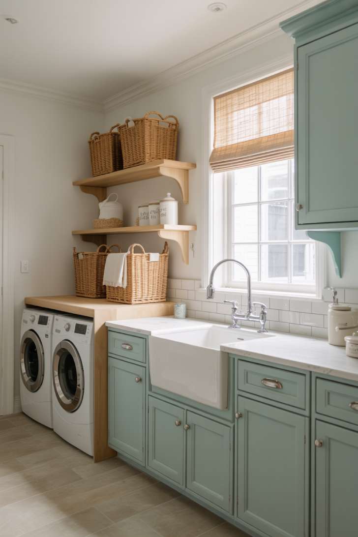 Seafoam blue coastal laundry room with white walls, driftwood shelves, and natural woven texture accessories